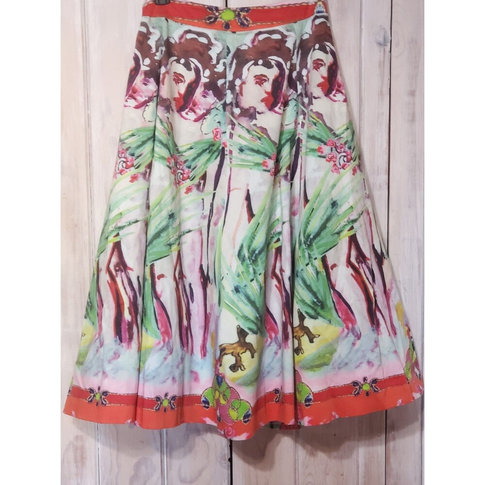 Alice + Olivia Meritt Lola Lady Print Pleated Midi Flare Skirt Cotton Size 2